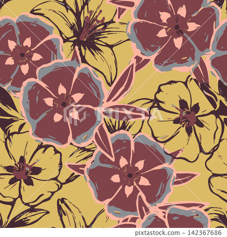 Seamless floral pattern with hand drawn Cistus rockrose flowers, artistic brush strokes, leaves, and vintage botanical elements for textile and paper. 142367686