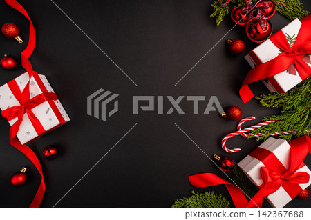 Christmas Flat Lay with Gift Boxes, Red Ornaments Christmas Flat Lay with Gift Boxes, Red Ornaments 142367688