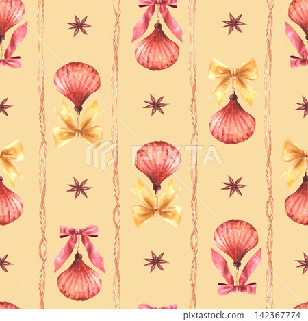 Watercolor Christmas seamless pattern with Vintage seashell red, gold bows and anise star vertical ropes. Watercolor hand painted ornament isolated illustration on coloured background for fabric print Watercolor Christmas seamless pattern with Vintage seashell red, gold bows and anise star vertical ropes. Watercolor hand painted ornament isolated illustration on coloured background for fabric print 142367774