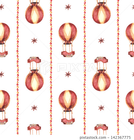 Christmas hot air balloon with anise star and striped red gold balls garland Watercolor seamless patten. Vintage packaging paper, fabric design. Hand painted illustration on isolated white background. Christmas hot air balloon with anise star and striped red gold balls garland Watercolor seamless patten. Vintage packaging paper, fabric design. Hand painted illustration on isolated white background. 142367775