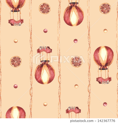 Vintage hot air balloon with anise star and striped red gold balls garland. Watercolor Christmas seamless patten, ornament for gift packaging paper. Hand painted illustration isolated from background Vintage hot air balloon with anise star and striped red gold balls garland. Watercolor Christmas seamless patten, ornament for gift packaging paper. Hand painted illustration isolated from background 142367776