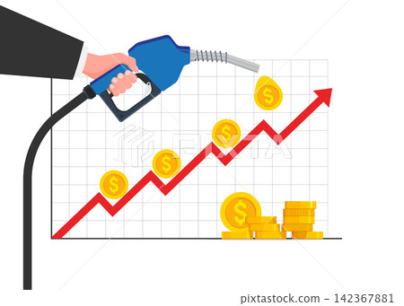 hand holding fuel nozzle with rising price arrow chart and gold coins hand holding fuel nozzle with rising price arrow chart and gold coins 142367881