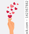 hand making mini heart gesture with paper heart shapes floating above 142367882