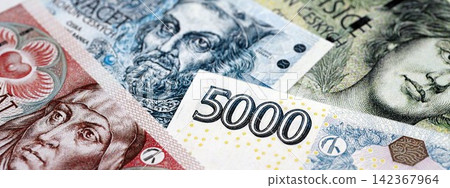 Czech koruna paper banknotes pile on table. Czech Republic CZK currency money bills in big amount Czech koruna paper banknotes pile on table. Czech Republic CZK currency money bills in big amount 142367964