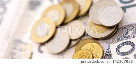 Big amount of polish zloty money banknotes and grosz coins close up. Huge pile of cash of Poland Big amount of polish zloty money banknotes and grosz coins close up. Huge pile of cash of Poland 142367988