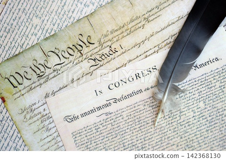 US Constitution with Declaration Of Independence and Quill Pen US Constitution with Declaration Of Independence and Quill Pen 142368130