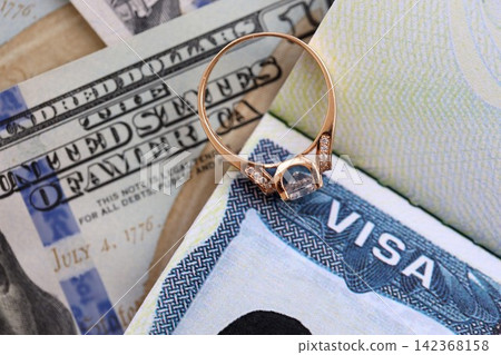 American VISA Marriage or Bride K-1 in United States of America. Gold ring with diamond American VISA Marriage or Bride K-1 in United States of America. Gold ring with diamond 142368158