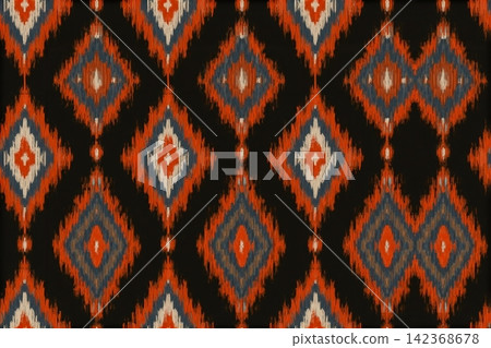 Abstract ethnic ikat background. Seamless pattern in tribal. Aztec geometric ornament print. Design for wallpaper, illustration, fabric, clothing, carpet, textile, batik, embroidery. Abstract ethnic ikat background. Seamless pattern in tribal. Aztec geometric ornament print. Design for wallpaper, illustration, fabric, clothing, carpet, textile, batik, embroidery. 142368678