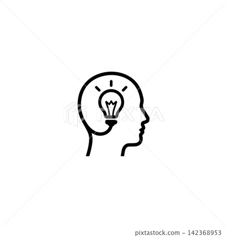 Minimalist human head silhouette containing glowing lightbulb symbol for creative thinking 142368953