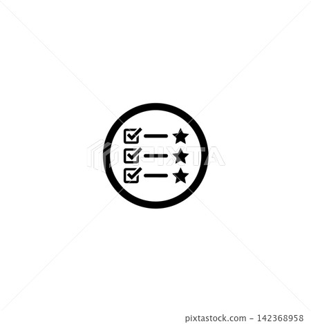Minimalist evaluation icon featuring checked boxes and stars inside circular border vector graphic 142368958