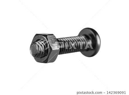 hex socket head screw with nut in black color on isolated white background hex socket head screw with nut in black color on isolated white background 142369091
