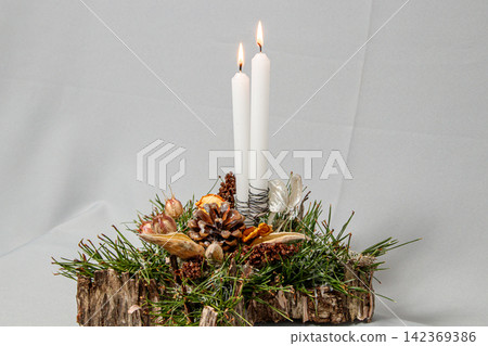Christmas composition of flowers and Christmas decorations Christmas composition of flowers and Christmas decorations 142369386