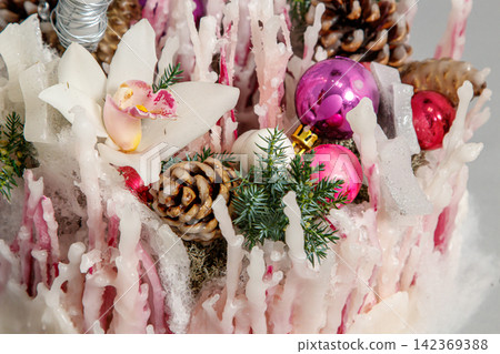 Christmas composition of flowers and Christmas decorations Christmas composition of flowers and Christmas decorations 142369388