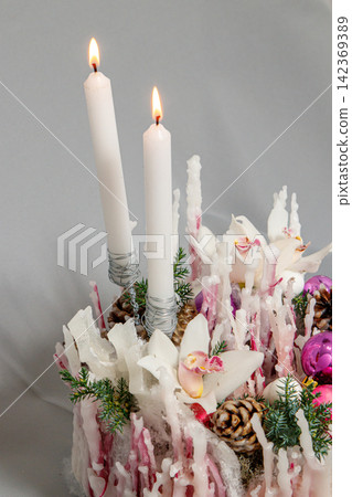 Christmas composition of flowers and Christmas decorations Christmas composition of flowers and Christmas decorations 142369389