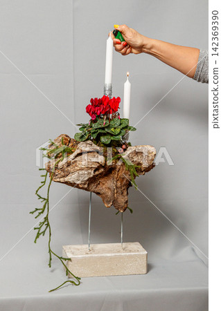 Christmas composition of flowers and Christmas decorations Christmas composition of flowers and Christmas decorations 142369390