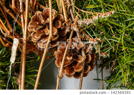 Christmas composition. Wreath of Christmas tree branches Christmas composition. Wreath of Christmas tree branches 142369391