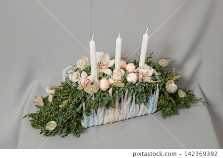 Christmas composition of flowers and Christmas decorations Christmas composition of flowers and Christmas decorations 142369392