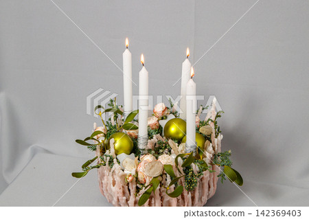 Christmas composition of flowers and Christmas decorations Christmas composition of flowers and Christmas decorations 142369403
