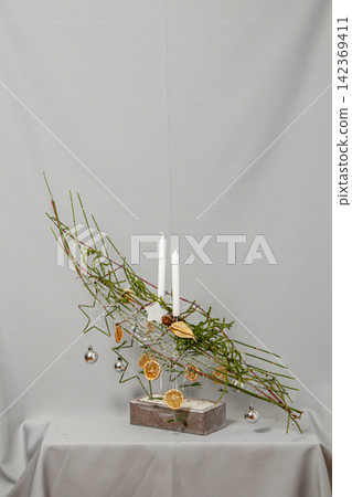 Christmas composition of flowers and Christmas decorations Christmas composition of flowers and Christmas decorations 142369411
