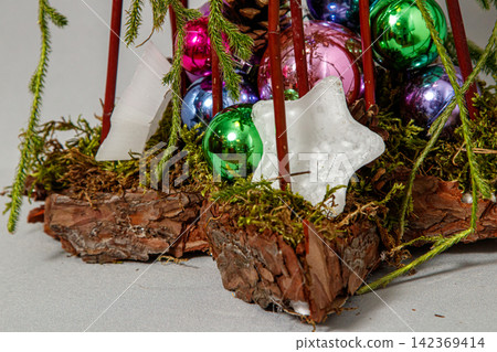 Christmas composition of flowers and Christmas decorations Christmas composition of flowers and Christmas decorations 142369414