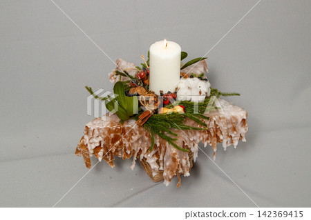 Christmas composition of flowers and Christmas decorations Christmas composition of flowers and Christmas decorations 142369415