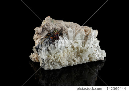 macro stone mineral Calcite Galena pyrite on a black background 142369444
