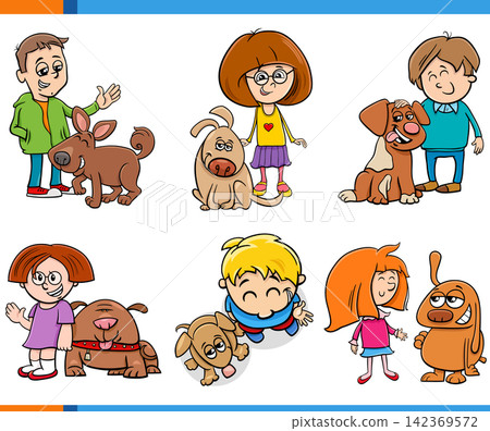 cartoon kids and their pups pet characters set cartoon kids and their pups pet characters set 142369572