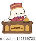 Cute Chibi Ghost Hotel Receptionist Ringing Brass Service Bell Behind Vintage Front Desk Whimsical Haunted Hotel Halloween Hospitality Character Illustration 142369723