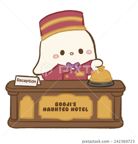 Cute Chibi Ghost Hotel Receptionist Ringing Brass Service Bell Behind Vintage Front Desk Whimsical Haunted Hotel Halloween Hospitality Character Illustration Cute Chibi Ghost Hotel Receptionist Ringing Brass Service Bell Behind Vintage Front Desk Whimsical Haunted Hotel Halloween Hospitality Character Illustration 142369723