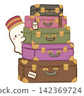 Cute Chibi Ghost Bellhop Peeking Behind Stack Of Colorful Vintage Suitcases Haunted Hotel Luggage Bellboy Halloween Travel Spooky Kawaii Character Illustration 142369724