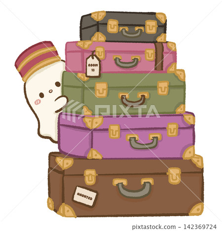 Cute Chibi Ghost Bellhop Peeking Behind Stack Of Colorful Vintage Suitcases Haunted Hotel Luggage Bellboy Halloween Travel Spooky Kawaii Character Illustration Cute Chibi Ghost Bellhop Peeking Behind Stack Of Colorful Vintage Suitcases Haunted Hotel Luggage Bellboy Halloween Travel Spooky Kawaii Character Illustration 142369724