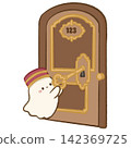 Cute Chibi Ghost Bellhop Unlocking Vintage Hotel Room Door With Large Golden Key Haunted Hotel Halloween Spooky Hospitality Kawaii Character Illustration 142369725