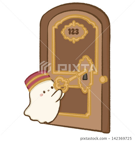 Cute Chibi Ghost Bellhop Unlocking Vintage Hotel Room Door With Large Golden Key Haunted Hotel Halloween Spooky Hospitality Kawaii Character Illustration Cute Chibi Ghost Bellhop Unlocking Vintage Hotel Room Door With Large Golden Key Haunted Hotel Halloween Spooky Hospitality Kawaii Character Illustration 142369725