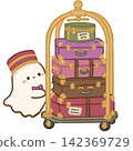 Cute Chibi Ghost Bellhop Pushing Vintage Hotel Luggage Cart Stacked With Colorful Suitcases Haunted Hotel Travel Halloween Kawaii Character Illustration 142369729