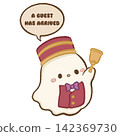 Cute Chibi Ghost Bellhop Ringing Hand Bell Announcing A Guest Has Arrived Haunted Hotel Reception Halloween Hospitality Kawaii Character Illustration 142369730