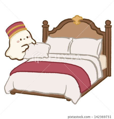 Cute Chibi Ghost Bellhop Making A Cozy Vintage Hotel Bed With White Pillows And Burgundy Blanket Haunted Hotel Halloween Hospitality Kawaii Character Illustration Cute Chibi Ghost Bellhop Making A Cozy Vintage Hotel Bed With White Pillows And Burgundy Blanket Haunted Hotel Halloween Hospitality Kawaii Character Illustration 142369731