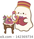 Cute Chibi Ghost Bellhop Answering Pink Vintage Rotary Telephone On Small Side Table Haunted Hotel Reception Halloween Kawaii Character Illustration 142369734