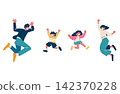 A flat vector illustration of a family of four jumping energetically. 142370228