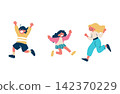 A flat vector illustration of three children running and jumping energetically. 142370229