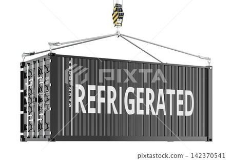 Refrigerated shipping container lifted by crane hook. 3D rendering Refrigerated shipping container lifted by crane hook. 3D rendering 142370541