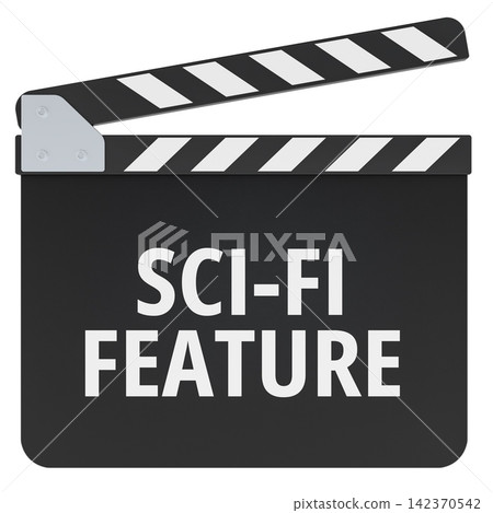 Sci-fi feature clapperboard for science fiction film production. 3D rendering Sci-fi feature clapperboard for science fiction film production. 3D rendering 142370542