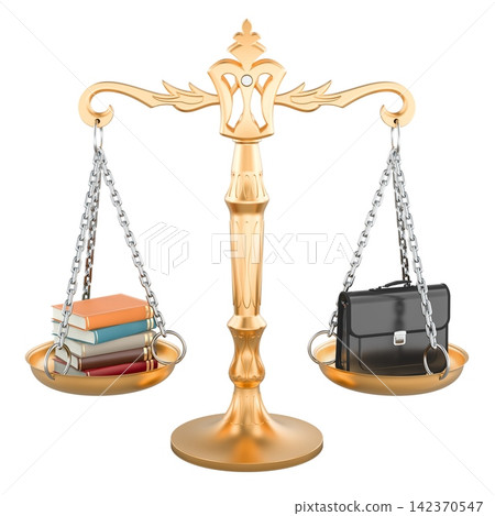 Balance scale with books and briefcase for education and career. 3D rendering Balance scale with books and briefcase for education and career. 3D rendering 142370547