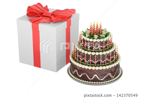 Birthday cake with candles and gift box for celebration. 3D rendering Birthday cake with candles and gift box for celebration. 3D rendering 142370549
