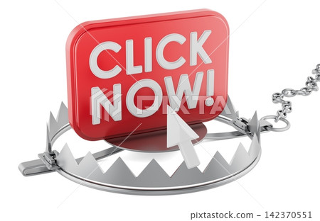 Click Now button in bear trap, online scam and clickbait concept. 3d rendering Click Now button in bear trap, online scam and clickbait concept. 3d rendering 142370551