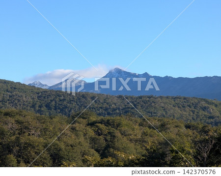 Snow-Dusted Mountain Peaks Beyond Patagonian Forest Snow-Dusted Mountain Peaks Beyond Patagonian Forest 142370576