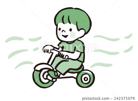 男孩騎三輪車的插畫 | 戶外遊戲、交通工具、成長、幼兒及兒童運動 142371079