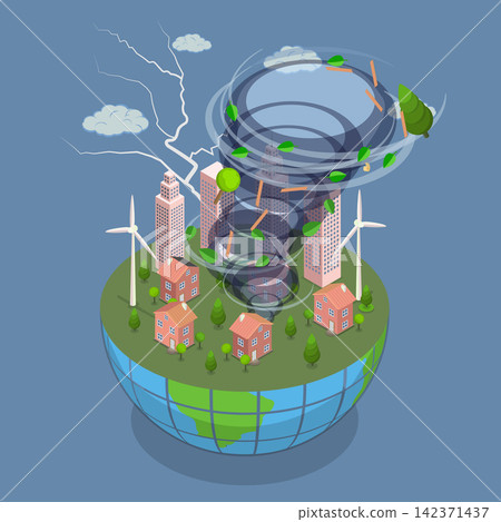3D Isometric Flat Vector Illustration of Tornado, Destruction By Twisting Tornado In Countryside Natural Disaster 142371437