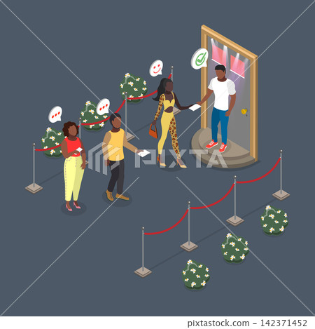 3D Isometric Flat Vector Illustration of Club Bouncer, People Lining Up Behind Queue Barrier For Event. 3D Isometric Flat Vector Illustration of Club Bouncer, People Lining Up Behind Queue Barrier For Event. 142371452