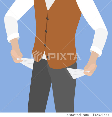 3D Isometric Flat Vector Illustration of Empty Pockets, Man Standing Alone, Showing His Pockets And No Money 142371454