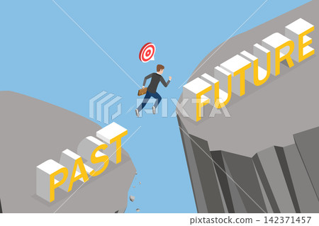 3D Isometric Flat Vector Illustration of From The Past To The Future, Man Jumping Off A Cliff Into The Future 3D Isometric Flat Vector Illustration of From The Past To The Future, Man Jumping Off A Cliff Into The Future 142371457